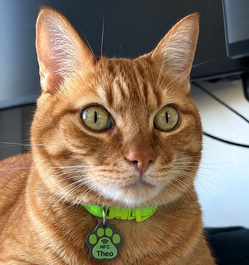 Theo, gato laranja de olhos verdes, com coleira verde e a tag FaroID de patinha com o nome dele